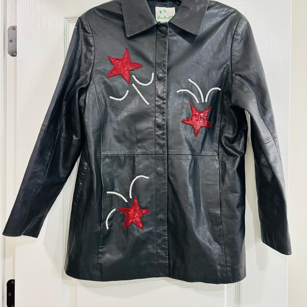 Black Leather Jacket with USA Flag, Red Stars, Small